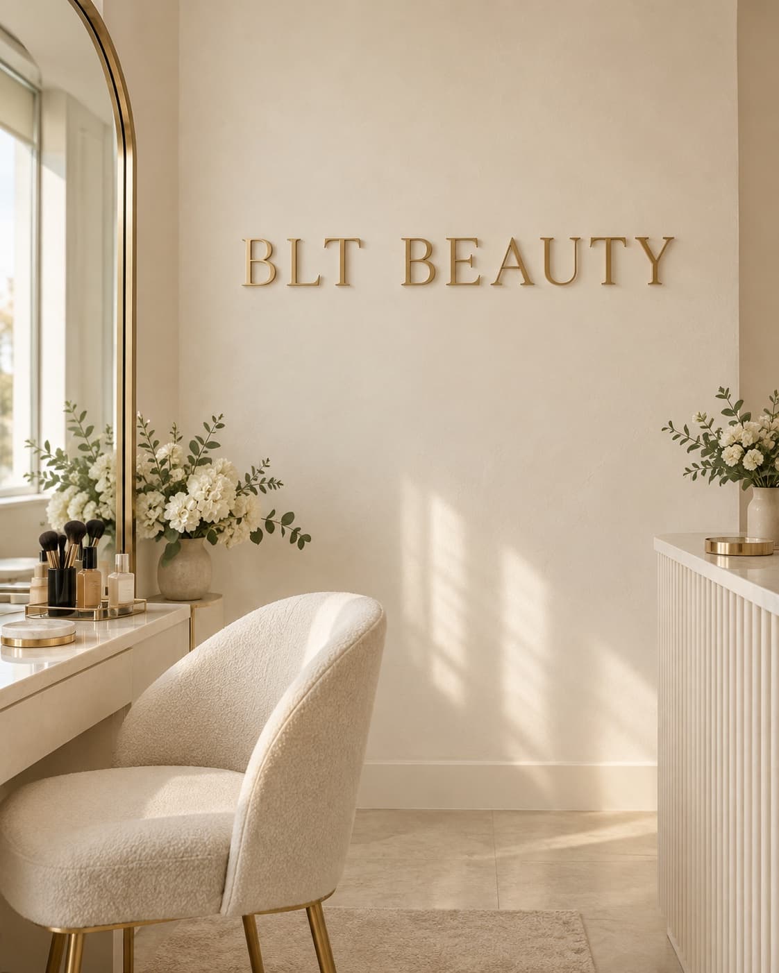Studio interior, cream wall with gold BLT Beauty signage